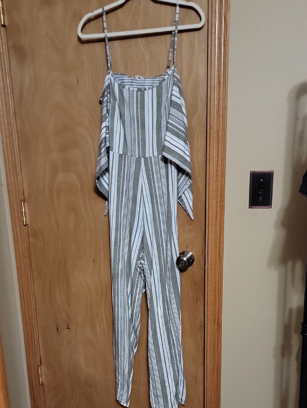Striped Off-Shoulder Spaghetti-Strap Jumpsuit in Olive & White